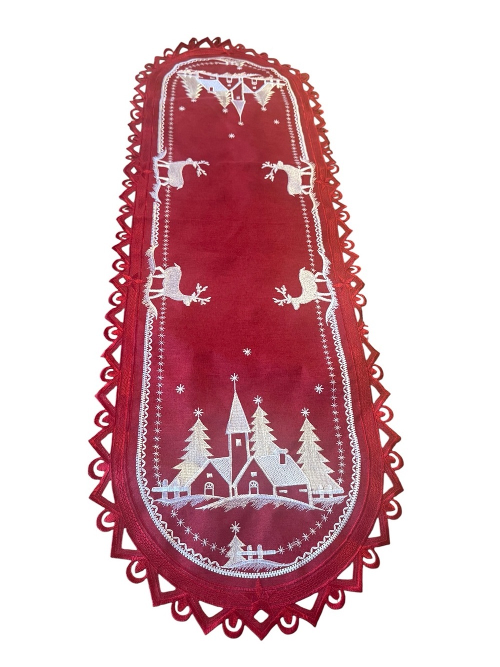 Red Embroidered Christmas Reindeer Church Table Runner